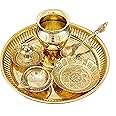 BENGALEN Brass Pooja Thali Set 6 Inch Puja Thali with Pital Plate Kalash Kuber Diya Dhup Dan Palli Kangura Plate Arti Thali for Diwali Home Office Mandir Wedding Return Gift Items