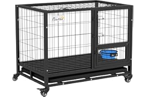 PawHut Cage pour Chien Animaux Cage de Transport sur roulettes avec 2 Portes verrouillables Support de gamelle Plateau Amovible en Acier dim. 92L x 62l x 73H cm Noir