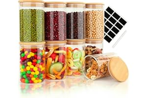 Otauoaea 9pcs Tarros de Cristal con Tapa, 9x 500ml Frascos de Vidrio Herméticos, Botes de Cristal con Tapa de Bambu para Almacenaje Cereales, Harina, Merienda