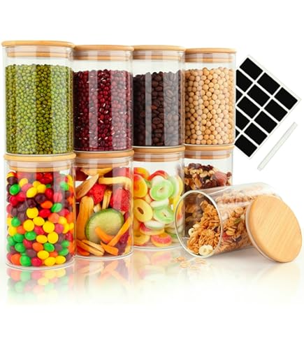 TALK-POINT Set van 4 voorraaddozen van glas met bamboedeksel, voorraadpotten, glazen containers, spaghettiglas, incl. 8 krijtetiketten en stift, luchtdicht, vaatwasmachinebestendig, mottenbestendig, 4