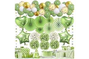 Recosis Salbei Grün Dekorationen - Papier Fächer, Pom Poms, Girlande, Ballon - Olivgrün Deko für Geburtstag, Party, Babydusche - Mädchen Partydeko