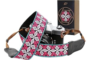 Padwa Lifestyle Kameragurt - 2" breiter Vintage-bestickter Baumwoll-kameragurte mit Rindsleder-Enden, kann als Gurt für alle Kameras, Fernglasgurt und Drohnenfernbedienungsgurt - Violetter Rhombus
