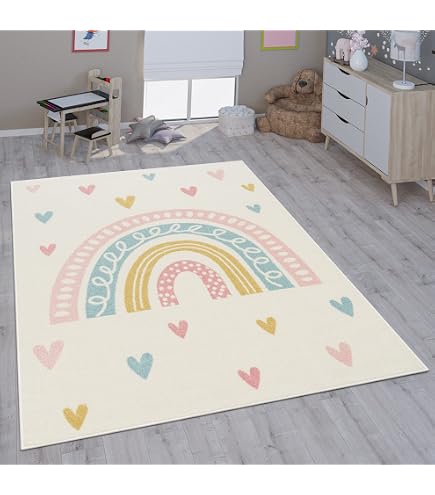 Tappeti da Gioco Tappeto per Bambini con Arcobaleno Puntini Cuori Nuvole Marrone Beige Grigio - Molto Resistente Größe 120 cm Rund