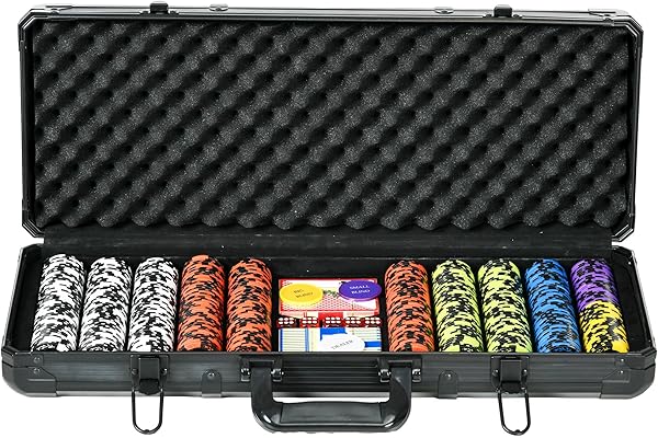 SPORTNOW Mallette de Poker Coffret de Poker Complet, avec 500 jetons à 14g, 5 dés, 2 Jeux de Cartes 3 Boutons Texas Holdem, Cartes de Poker, Bouton Dealer