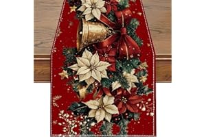 BSITSSS Runner Natalizio da Tavolo 33 x 183cm, Runner Natale Rossa Poinsettia Holly, Decorazioni Tavola Natale per Tavola Cucina Vacanze Interni Esterni Soggiorno