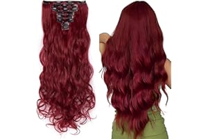 Silk-co Hairpiece Extensions Clip in Hair Extension Long Curly Wavy 8 Pcs Full Head 18 Clips Synthetic Heat Resistant [24 inch Maroon&Dark Red]