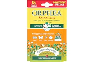 Orphea Salvalana, Foglietti per Cassetti e Armadi, Protegge Lana e Vestiti Tutta la Stagione, Profumo di sandalo e bergamotto, agisce per 12 settimane - 15 Foglietti Emanatori