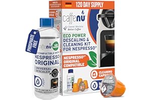 ‎CAFFENU Caffenu Nespresso Original kompatibles Reinigungs-Set | 2x Flüssig Entkalker | 4x Reinigungskapseln | Verhindert Maschinenausfälle | Natürliche Formel | Für perfekten Kaffeegenuss | 4-Monats-Packung