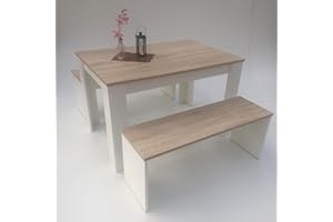 ‎MÖBEL SD Möbel SD Esstisch Gruppe Sonoma Eiche hell Sägerau -Weiß 3teilig Tisch 110x70 +2 Bänke