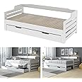 Merax Daybed Frames Wooden 3FT Single Bed mit Storage, Pull out Trundle Wooden Bed with Drawer for Children Adults, Sofa Guest Bed Cabin Bed for Living Room and Bedroom, 90 x190 cm, White