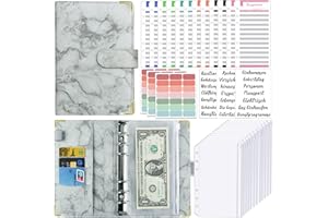 KIHONI Budget Planner - Organizer per soldi, formato A6, con 12 tasche A6, 12 fogli di bilancio in lingua tedesca, etichette in pelle di marmo, per viaggi, diario e regalo