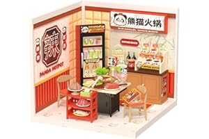 ROBOTIME DIY Miniature House Kit, Dollhouse Model Building Craft Kit with LED for Adults and Kids, Birthday Gift for Kids(Panda Hot Pot)