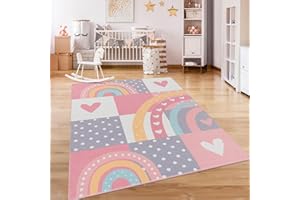 Paco Home Nursery Area Rug Kids Rug For Bedroom Girls Boys Non-slip Rainbow Heart Dots, Size:80x150 cm, Colour:Multicolored 3