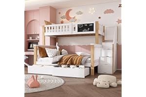 Moimhear Letto a castello per bambini, matrimoniale, 90 x 200 cm+140 x 200 cm, con lavagnetta e cassetti, senza materasso (colore bianco + legno)