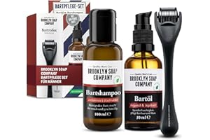‎BROOKLYN SOAP COMPANY Brooklyn Soap Company Bartpflege Set für Männer - Mit Bartroller, Bartöl & Bartshampoo - Geschenk für Herren - Tägliche Pflege für Bart & Haut