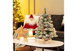 GOPLUS Sztuczna mini choinka, 64 cm, mała choinka z 50 diodami LED, 8 trybów oświetlenia, zasilana bateriami, dekoracja bożonarodzeniowa z cementową podstawą, do jadalni, gzymsu kominkowego