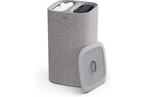 Joseph Joseph Tota - Cesto para ropa sucia con tapa, compartimentos dobles para separación colada, bolsos internos coin asas, extraíbles y fáciles de llevar, gris, 60 litros