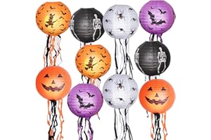 LPAOIS 10 sztuk papierowych latarni na Halloween, dekoracja wisząca z 10 lampkami, lampa z bajki, składana, nietoperze, pająki, duchy, dynie, papierowa latarnia, dekoracja na Halloween, imprezę, 10
