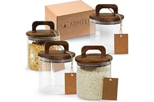 ARMIEL - Juego de 4 Tarros de Cristal con Tapa de Bambú (750 ML) - Botes de Cristal con Tapa - Frascos de Vidrio con Tapa - Botes de Cocina para Almacenar : Harina,Espaguetis,Pasta etc...