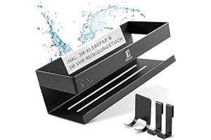 EDELZ® Bad Duschablage Duschkorb ohne Bohren – Shampoo Halterung für Dusche zum Kleben aus rostfreiem Edelstahl mit original 3M Klebepads, 2 beweglichen Haken, extra Rasiererhalter (Edelstahl-Schwarz)