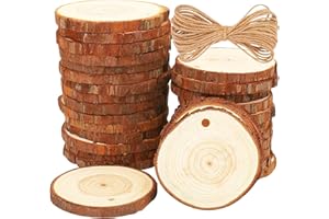 30Pcs Rondin de Bois, BetterJonny 6cm-7cm Rondin de Bois avec Trou Diamètre et Corde de 10 mètres Tranches de Bois Naturel avec Écorce pour DIY Pyrogravure Peinture Decoration Noel Bois Place Mariage