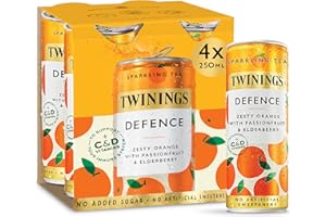 Twinings Defence -Orange and Passionfruit Flavoured Sparkling Tea-Refreshing Fruity Beverage(4X250ml Cans)-No Added Sugar,Low in Caffeine/Calorie,Healthy Alternative,Antioxidant Rich,Vegan,Gluten Free