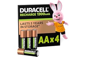 Duracell Rechargeable Akumulatorki (4 szt.), AA 1300 mAh NiMH, 2000 cykli, Fabrycznie naładowane, Długotrwała wydajność z opakowaniem w 100% nadającym się do recyklingu, nie zawiera plastiku