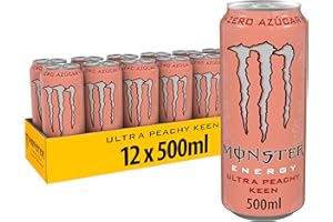 Monster Energy Ultra Peachy Keen, Bebida Energética Sin Azúcar- Pack de 12 Latas de 500ml