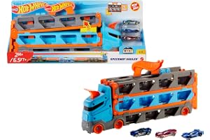 Hot Wheels Speedway Hauler med 3 leksaksbilar i skala 1:64 | Stor lastbil rymmer 20+ bilar och blir 183 cm bana, kopplas till