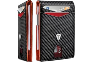 Tomylv Wallet - Mens Wallets RFID Blocking Carbon Fiber Leather, 12 Credit Card Holder with Money Clip, ID Window, Slim Wallets for Men UK, Bifold with Gift Box - Orange & Black (Orange & Black)