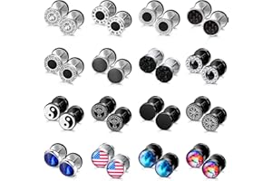 JeryWe 9-16Paare Ohrringe Ohrstecker Herren Männer Edelstahl 8mm Fake Plugs Ohrringe Schwarz Silber Ohr Tunnel Ohrringe Piercing,Runde Schraube Barbell Ohrstöpsel Faux Gauges