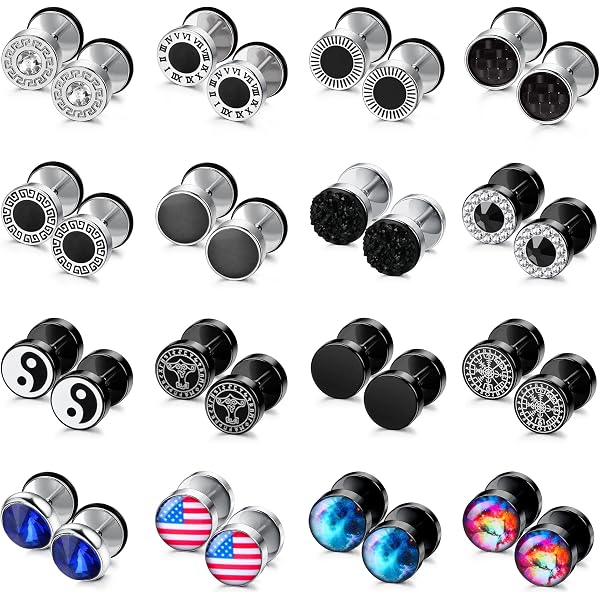 9-16 Paires Boucles D’Oreilles Faux Écarteurs 8mm Acier Inox 316L – Lot Mixte Noir/Argent Homme Femme, Style Punk Minimaliste