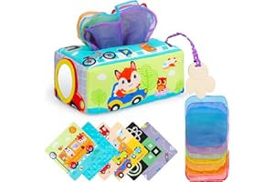 Zusentee Baby Tissue Box Toy Sensory Toys for Babies Baby with Chew Toys and Mirror, Montessori Toys for Babies 0-6 Months Tissue Box Sensory Toys Baby Games Montessori Toys, transportation