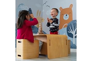 SmartToys4U Montessori Cube Table and Chair Set – Natural Wood Toddler Weaning Table with Chairs, Sensory and Activity Table for Kids, Multipurpose Children's Furniture (Table & Double Chair)