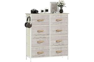 HOMCOM Chest of Drawers, Double Dresser for Bedroom with 8 Fabric Drawers, Tall Storage Unit with 4 Pockets, 2 Hooks and Steel Frame for Living Room, Hallway, Natural Wood Finish