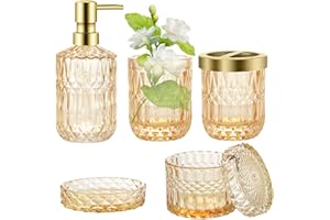YIK TUNG Bathroom Accessories Set, 5PCS Glass Bath Decor Set, Includes Soap Dispenser, Soap Dish, Toothbrush Holder, Tumbler and Jar, Vintage Gift (Gold)