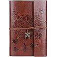 OMEYA Leather Journal Notebook, Travel Spiral Bound Refillable Diary Notebook, Gifts for Women with Lined Paper Classic Embossed Retro Pendants A6 13 x 18.5 cm (Brown)
