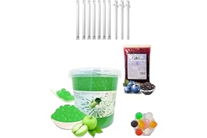 ‎PANDA MEISTER Bubble Tea DIY Set 1*3kg Apfel Popping Boba+ 1*600g Heidelbeer Popping Boba + 10st Einweg Papier Strohhalme 100% glutenfrei Alkoholfreie Getränke Boba Mix Perlen