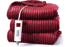 CAROMIO Heizdecke mit Abschaltautomatik Elektrisch Wärmedecke Heizdecke,Beheizbare Kuscheldecke 6 Heizstufen mit Timer,Schnelle Erwärmung,Electric Blanket Fleece Streifen Weihnachten Rot,130x180cm