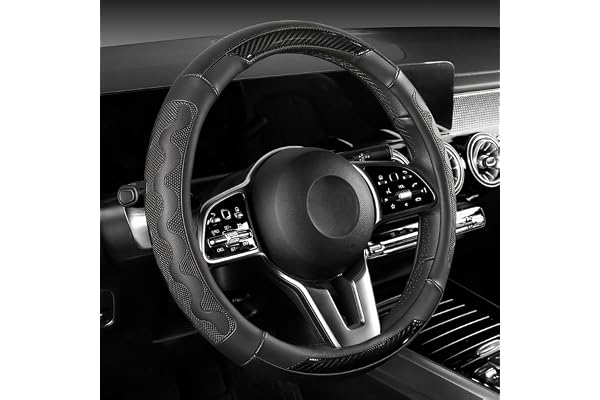 SEG Direct Housse de Volant de Voiture Taille Moyenne 37–39 cm, Cuir Microfibre Embossé avec Motif Fibre de Carbone, Noir