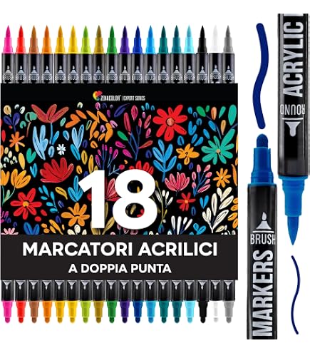 Artecho Pennarelli Acrilici 18 Colori - Doppia Punta (Pennello E Fine) Per Vetro, Legno, Tessuti, Sassi - 2