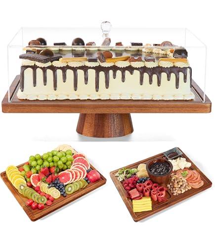 HEFTMAN 10" Rotating Cake Stand With Dome Lid - Acacia Wood & Clear Acrylic, Non-Slip
