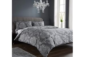 Olivia Rocco Royal Damask Duvet Cover Set Easy Care Quilt Covers With Pillowcases Cotton Rich Reversible Bedding Bed Linen Sets (Grey, Double)