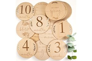 OLGS Milestone Cards Baby Wood | 40 milestones set incl. bag | Birth Announcement Wood Discs Card, Hello World Laser Engraved | Gift idea for expectant mothers, parents | Pregnancy Baby Shower - Ø10cm