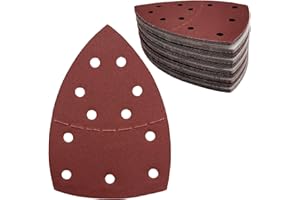 LYHLYA 50 pcs Mouse Sander Pads, 180 Grits Mouse Sander Sandpaper 11-Hole Hook and Loop Sanding Pads 108x155 mm Triangle Multi Tool Sander Pads for Sanding and Polishing