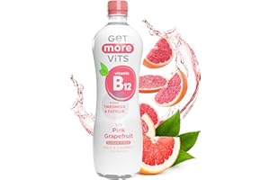 Get More Vits Flavoured Water - Vegan, Low Calorie, & Sugar Free Spring Water with of Vitamin B12 - Pink Grapefruit Flavoured Adults & Kids Drinks - 1 Litre Spring Water Bottle Multipack, Pack of 12