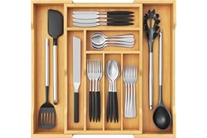 Lifewit Organizador Cubiertos de Cajon, 43 cm de Profundidad, Bandeja Utensilios Extensible de Hasta 53 cm de Ancho, Separador de Cocina Armario, Accesorios de Bambú de Cuchara/Tenedor/Cuchillo