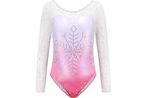 Sinoeem Justaucorps de Gymnastique pour Filles à Manches Longues avec épissure de Diamant Robe Dégradé de Couleur étincelante