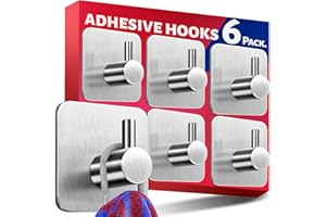 Menz Self Adhesive Hooks, Set of 6 – Stick on Hooks Stainless Steel for Heavy Duty, No Drilling, Strong Sticky for Hanging Towels, Bathrobes and Keys, Tea Towel Holder for Door or on Wall
