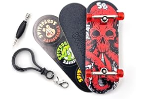 SPITBOARDS 32 x 96 mm Fingerboard Complete Wood Set-Up Assembled, 5 strati, Silver Trucks with Bushings and Nuts, Transparent CNC Bearing Wheels, Lasered Foam Grip Tape Red Octoskull